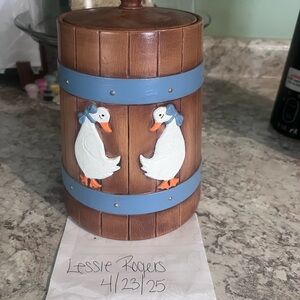 Vintage Glass Canister with Blue Bow Goose Design